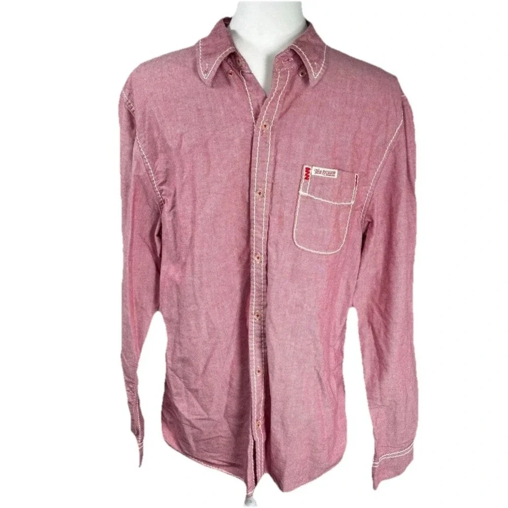 True Religion Shirt XL Mens Button Down Red Cotton‎ Utility Y2K Western Rodeo